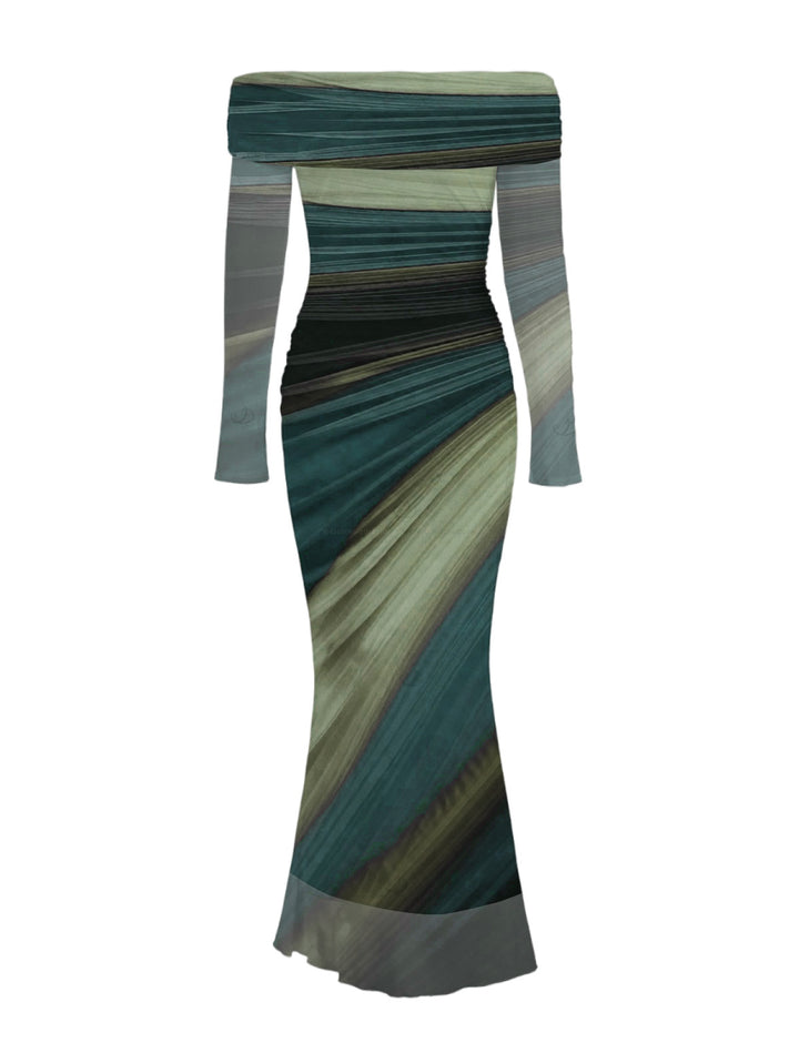 Tie Dye Print Off the Shoulder Ruched Mesh Panel Bodycon Elegant Party Dress