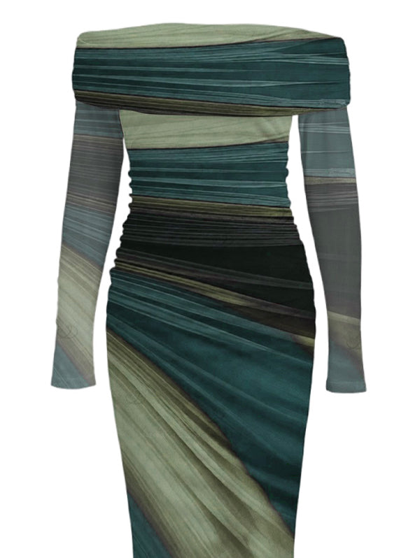 Tie Dye Print Off the Shoulder Ruched Mesh Panel Bodycon Elegant Party Dress
