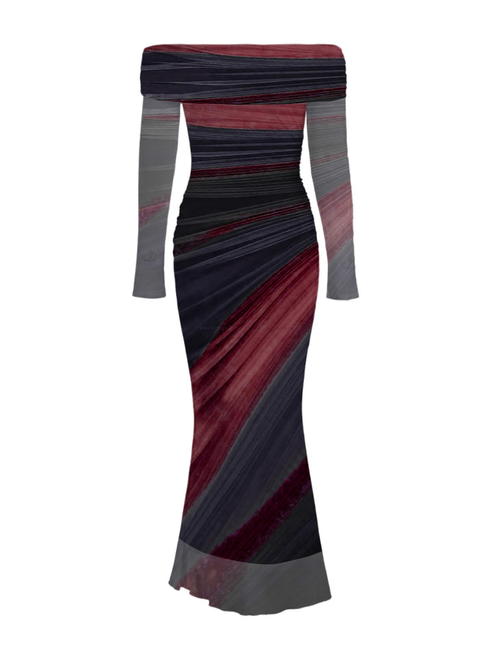 Tie Dye Print Off the Shoulder Ruched Mesh Panel Bodycon Elegant Party Dress