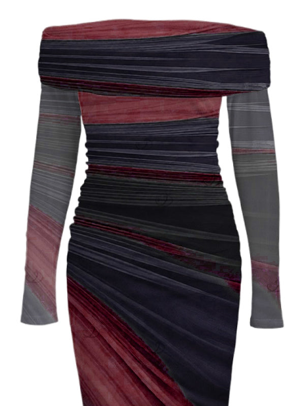 Tie Dye Print Off the Shoulder Ruched Mesh Panel Bodycon Elegant Party Dress