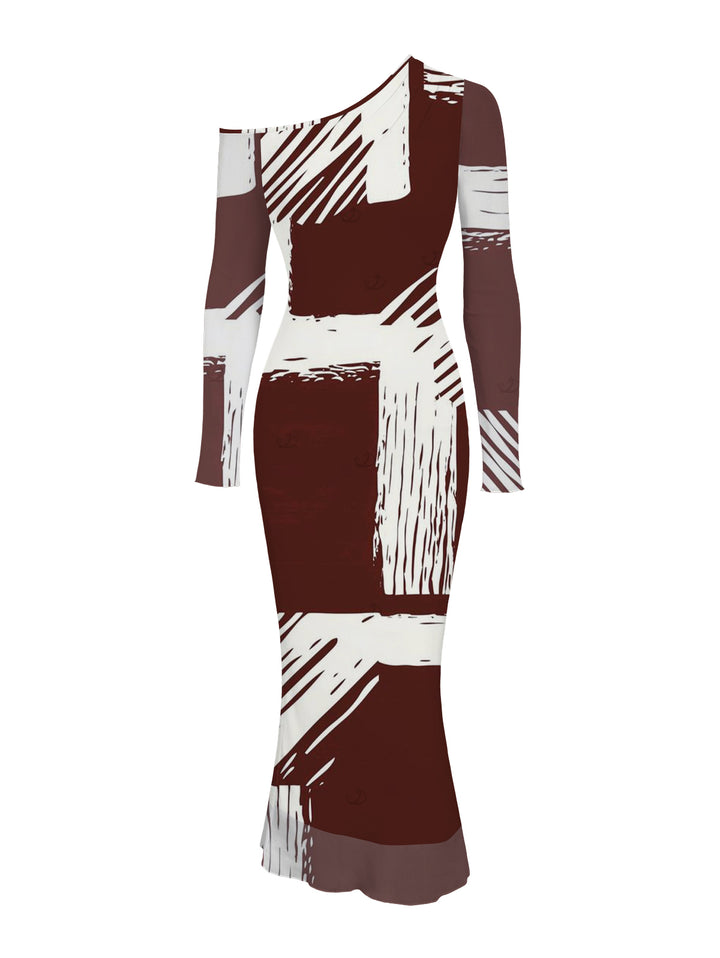 Colorblock Abstract Brushstroke Graffiti Print Mesh Panel Skew Neck Long Sleeve Bodycon Elegant Party Dress
