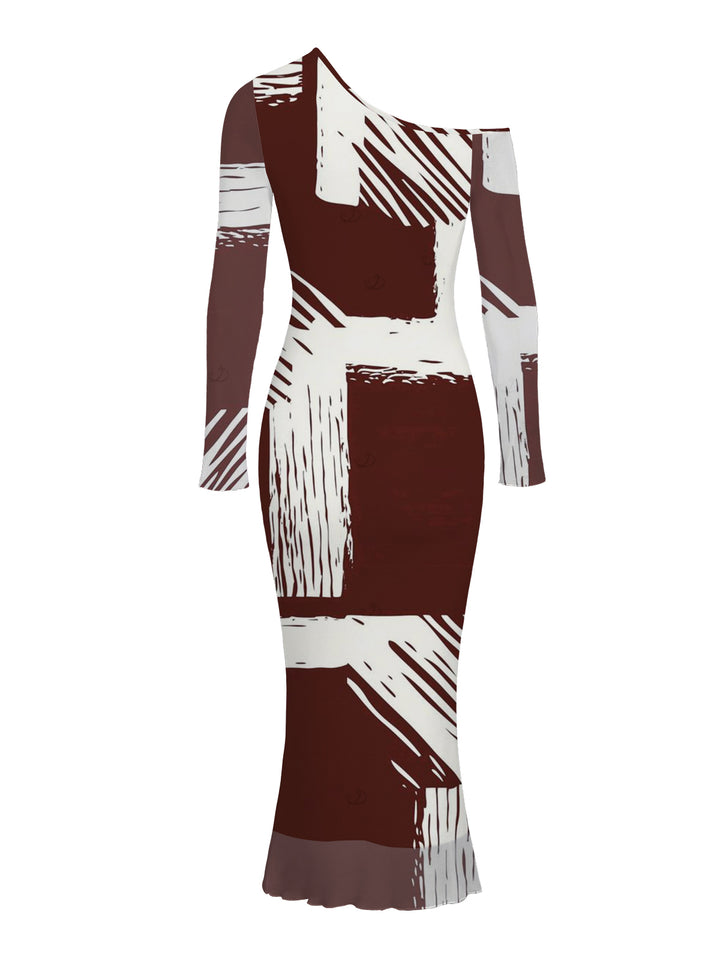 Colorblock Abstract Brushstroke Graffiti Print Mesh Panel Skew Neck Long Sleeve Bodycon Elegant Party Dress