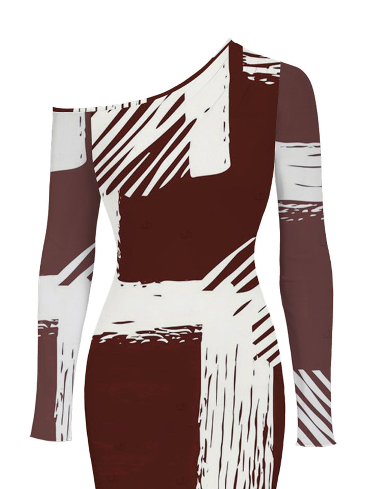 Colorblock Abstract Brushstroke Graffiti Print Mesh Panel Skew Neck Long Sleeve Bodycon Elegant Party Dress