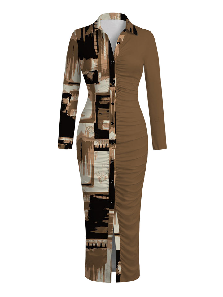 Colorblock Abstract Graffiti Print Ruched Button Up Long Sleeve Bodycon Shirt Dress