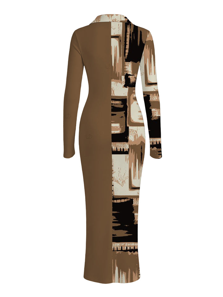 Colorblock Abstract Graffiti Print Ruched Button Up Long Sleeve Bodycon Shirt Dress