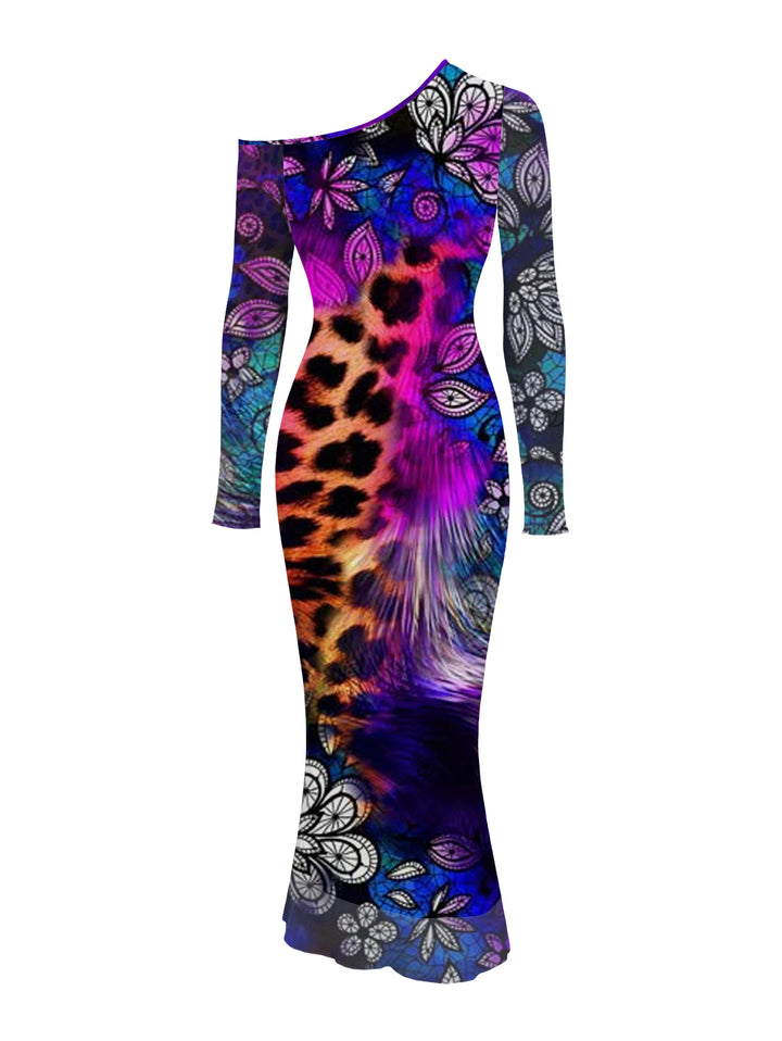 Leopard Mandala Floral Colorblock Print Mesh Panel Skew Neck Bodycon Ethnic Dress