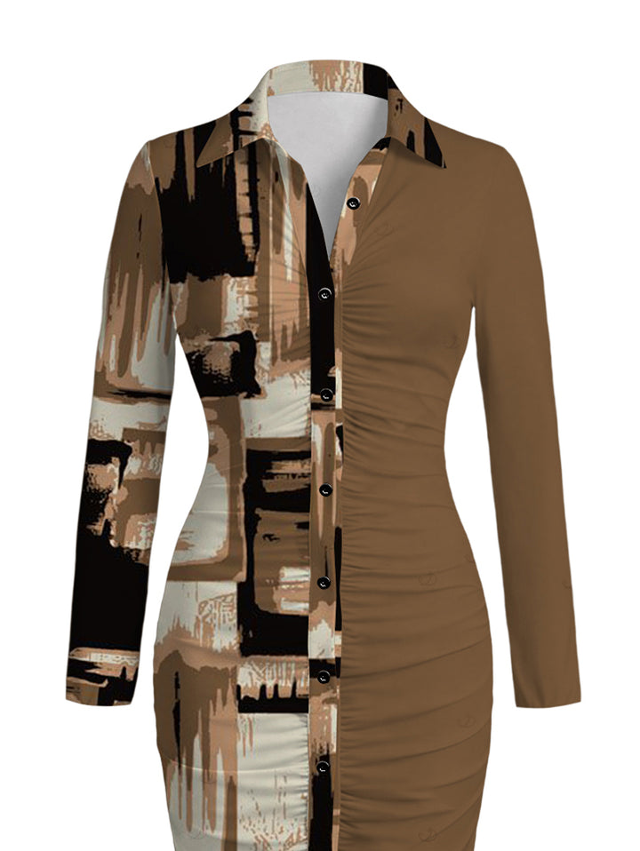 Colorblock Abstract Graffiti Print Ruched Button Up Long Sleeve Bodycon Shirt Dress