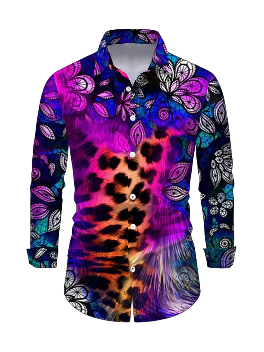 Men's Leopard Mandala Floral Colorblock Print Button Up Long Sleeve Ethnic Shirt