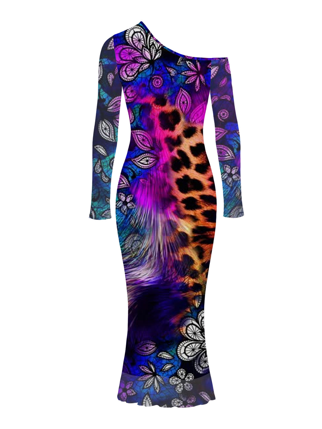 Leopard Mandala Floral Colorblock Print Mesh Panel Skew Neck Bodycon Ethnic Dress