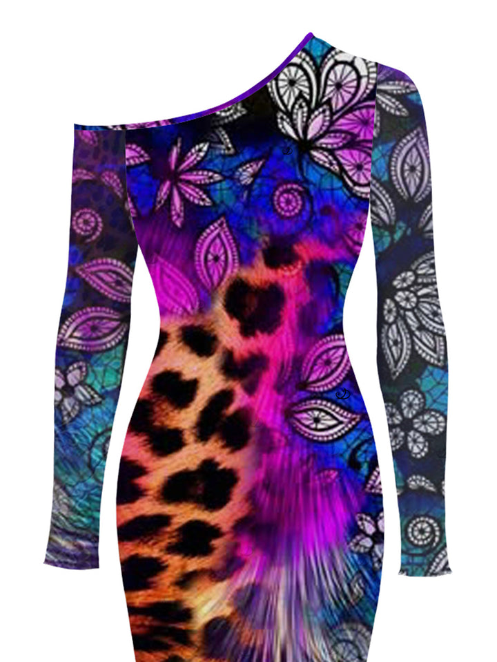 Leopard Mandala Floral Colorblock Print Mesh Panel Skew Neck Bodycon Ethnic Dress