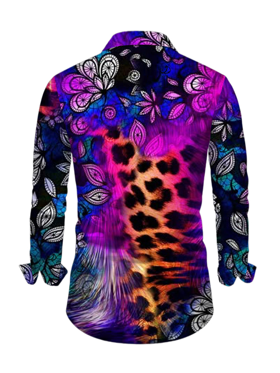 Men's Leopard Mandala Floral Colorblock Print Button Up Long Sleeve Ethnic Shirt