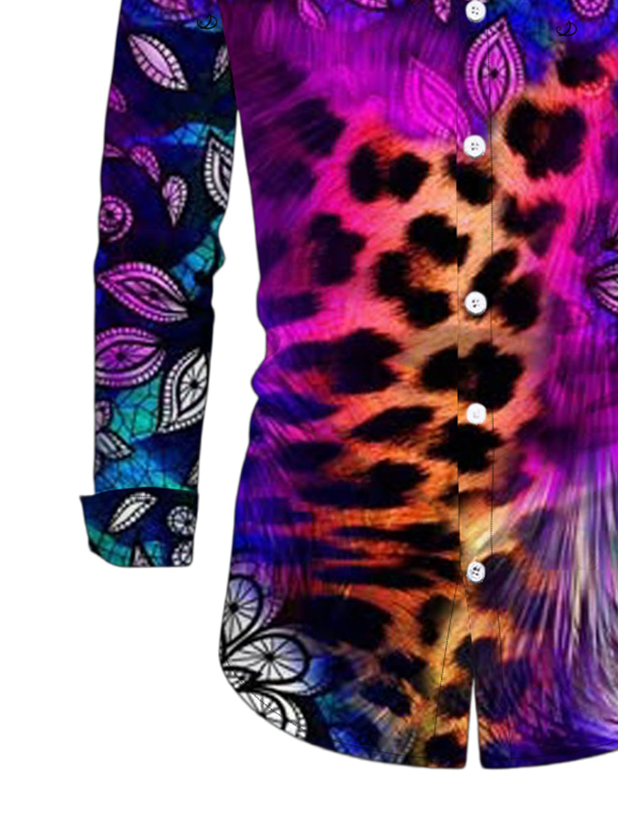 Men's Leopard Mandala Floral Colorblock Print Button Up Long Sleeve Ethnic Shirt