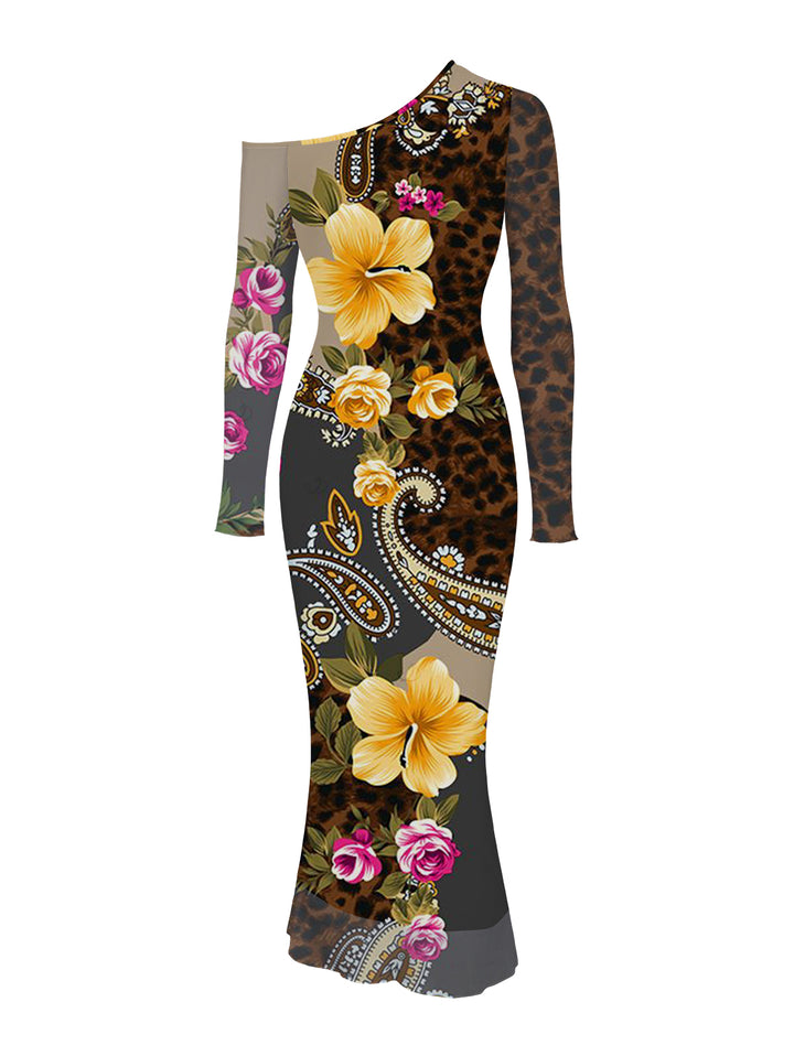 Leopard Paisley Tropical Floral Print Mesh Panel Skew Neck Bodycon Elegant Vacation Dress