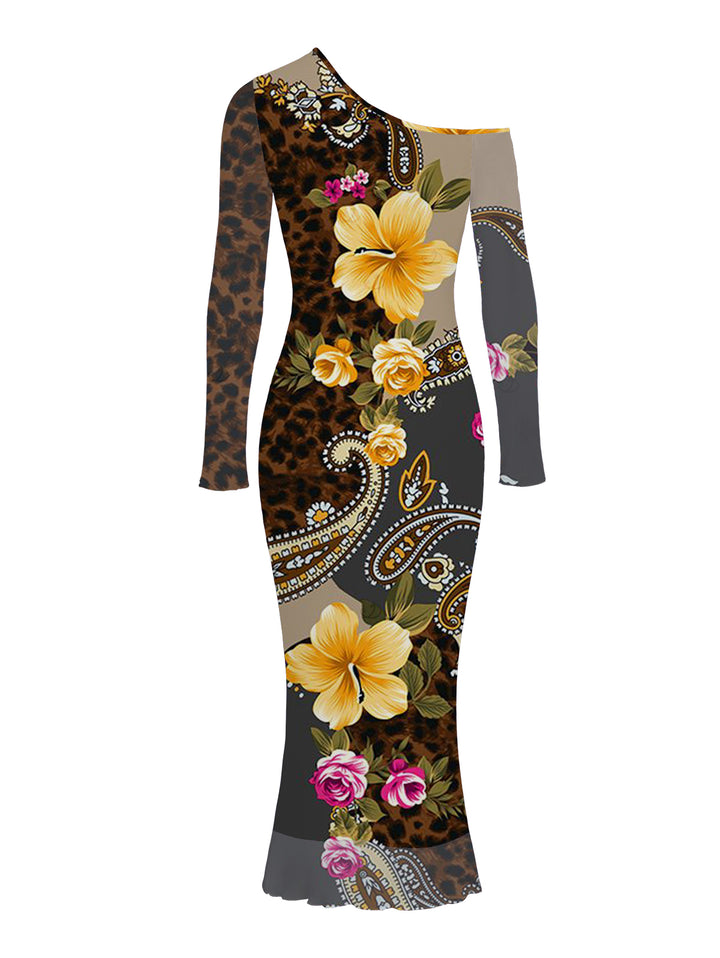 Leopard Paisley Tropical Floral Print Mesh Panel Skew Neck Bodycon Elegant Vacation Dress