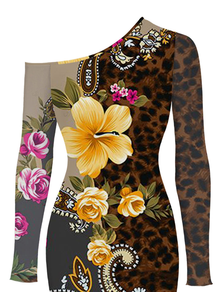 Leopard Paisley Tropical Floral Print Mesh Panel Skew Neck Bodycon Elegant Vacation Dress