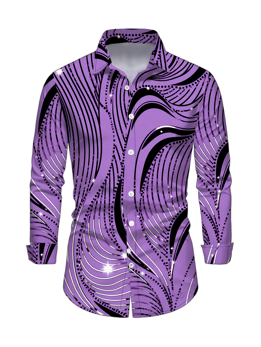 Men's Wave Line Rhinestone Print Button Up Long Sleeve Shirt