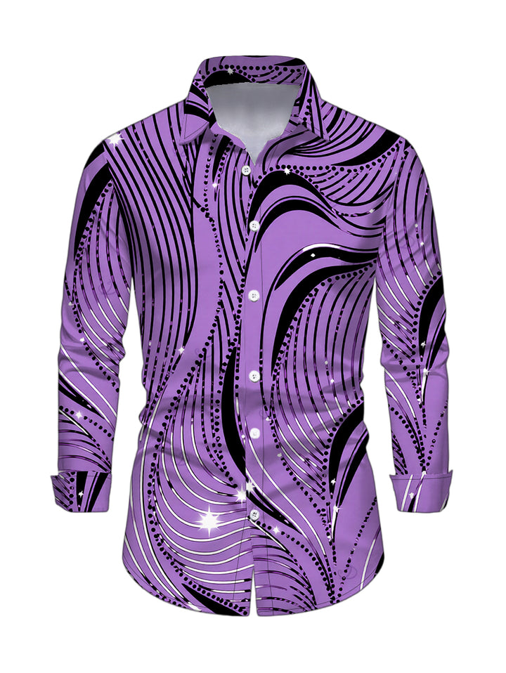 Men's Wave Line Rhinestone Print Button Up Long Sleeve Shirt