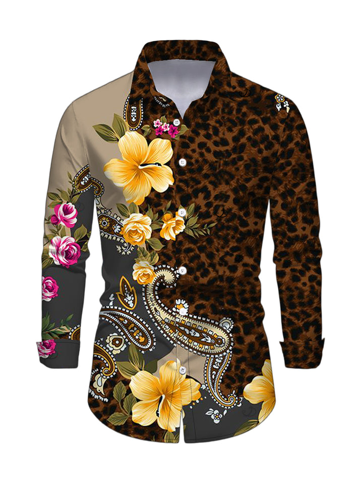 Men's Leopard Paisley Tropical Floral Print Button Up Long Sleeve Vacation Shirt