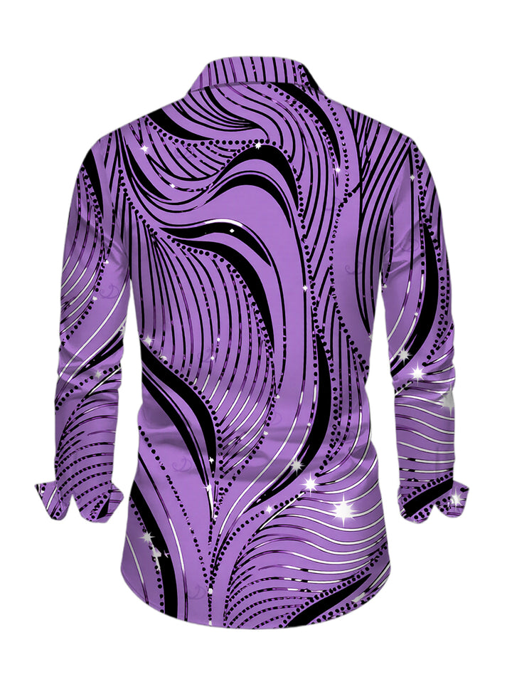 Men's Wave Line Rhinestone Print Button Up Long Sleeve Shirt