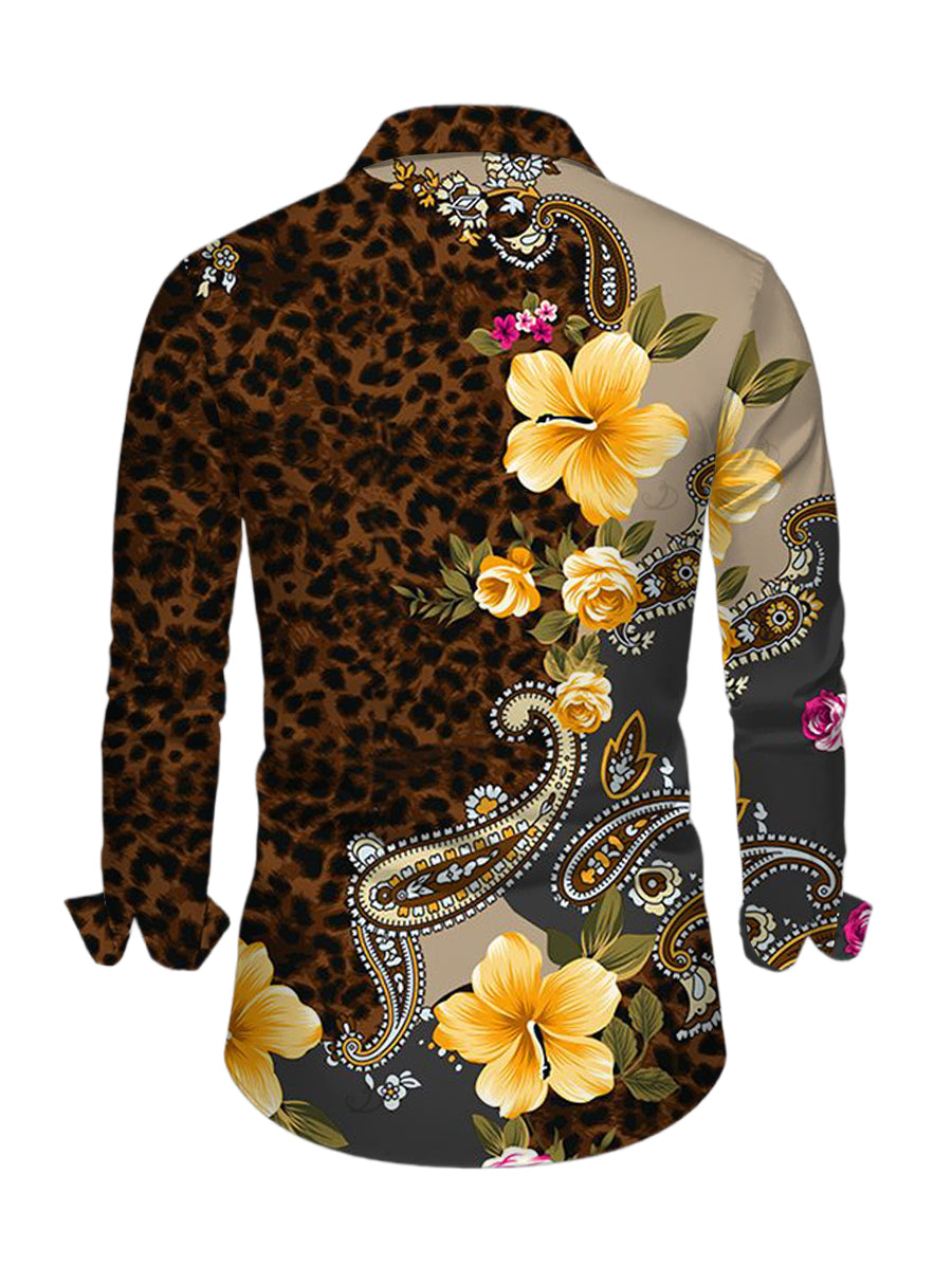 Men's Leopard Paisley Tropical Floral Print Button Up Long Sleeve Vacation Shirt