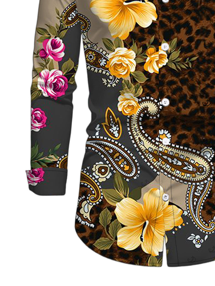 Men's Leopard Paisley Tropical Floral Print Button Up Long Sleeve Vacation Shirt