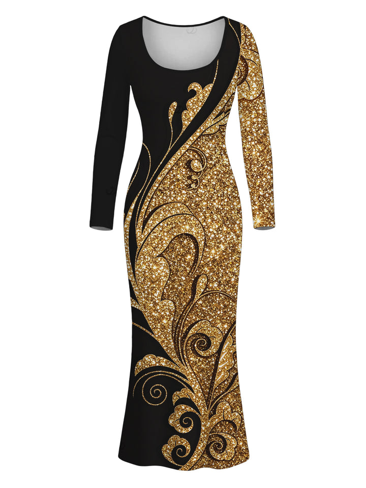 Gold Glitter Scrollwork Print U Neck Long Sleeve Bodycon Elegant Party Dress