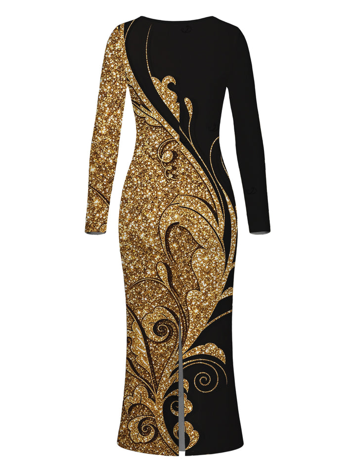 Gold Glitter Scrollwork Print U Neck Long Sleeve Bodycon Elegant Party Dress