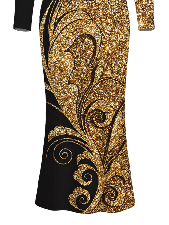 Gold Glitter Scrollwork Print U Neck Long Sleeve Bodycon Elegant Party Dress