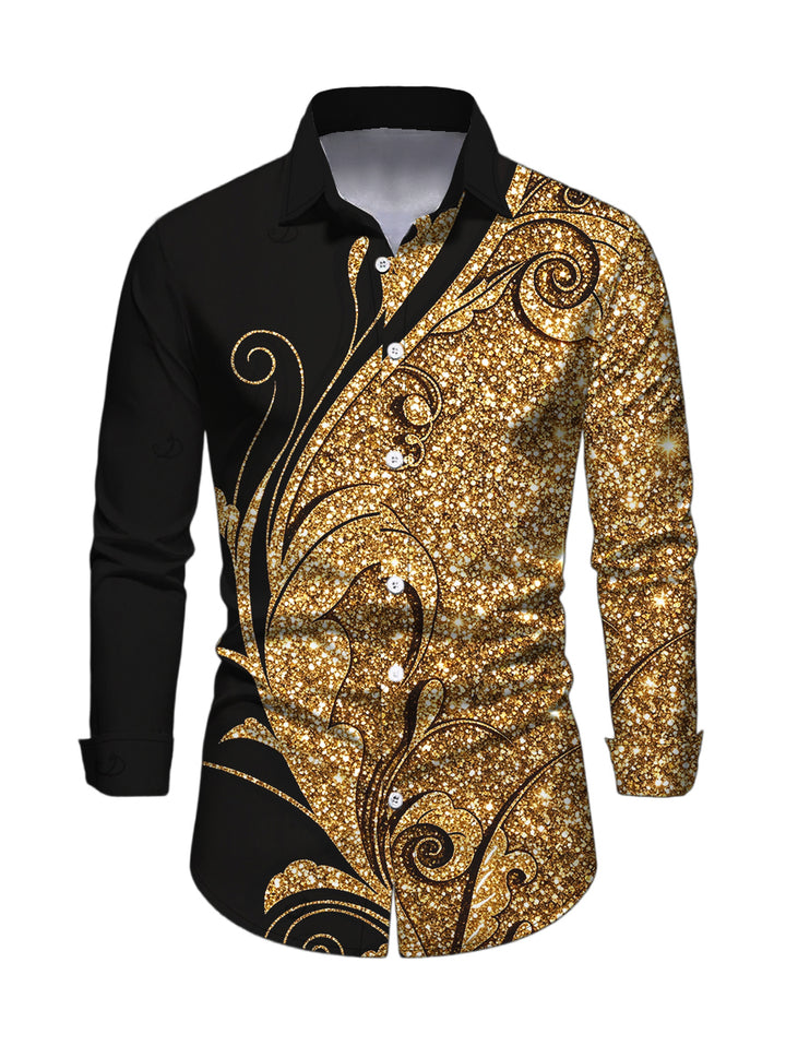 Men's Gold Glitter Scrollwork Print Button Up Long Sleeve Party Shirt