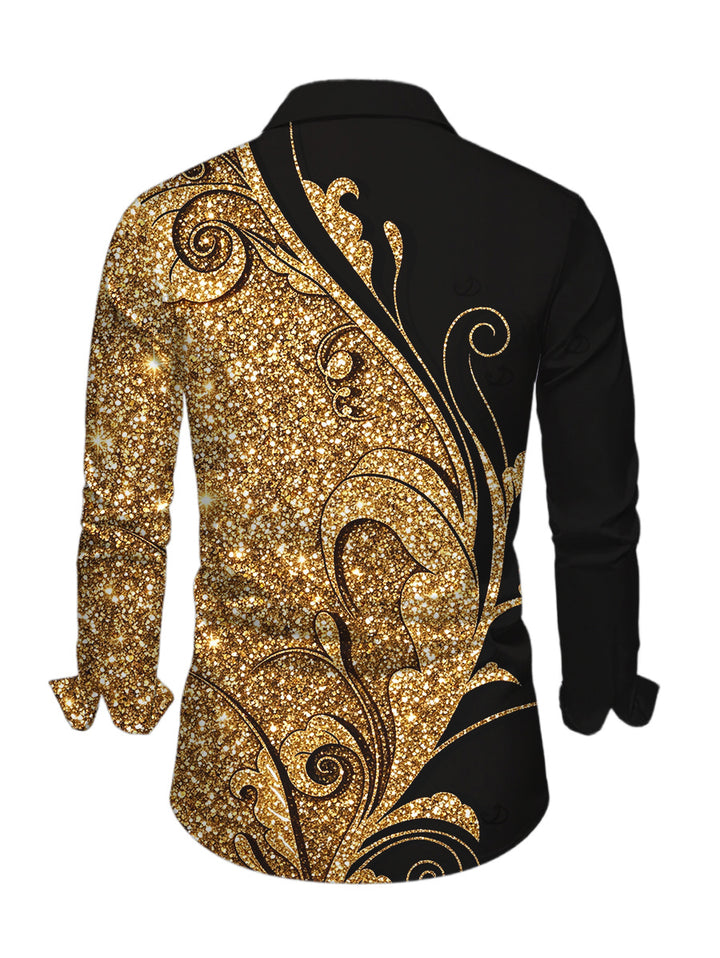 Men's Gold Glitter Scrollwork Print Button Up Long Sleeve Party Shirt