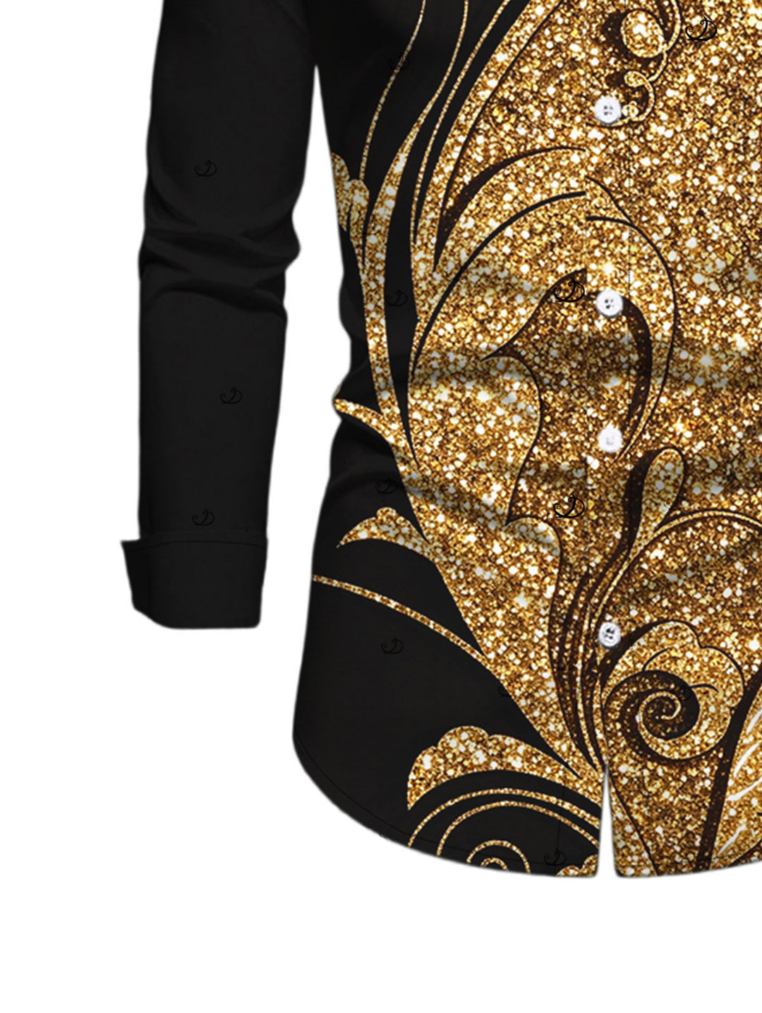 Men's Gold Glitter Scrollwork Print Button Up Long Sleeve Party Shirt
