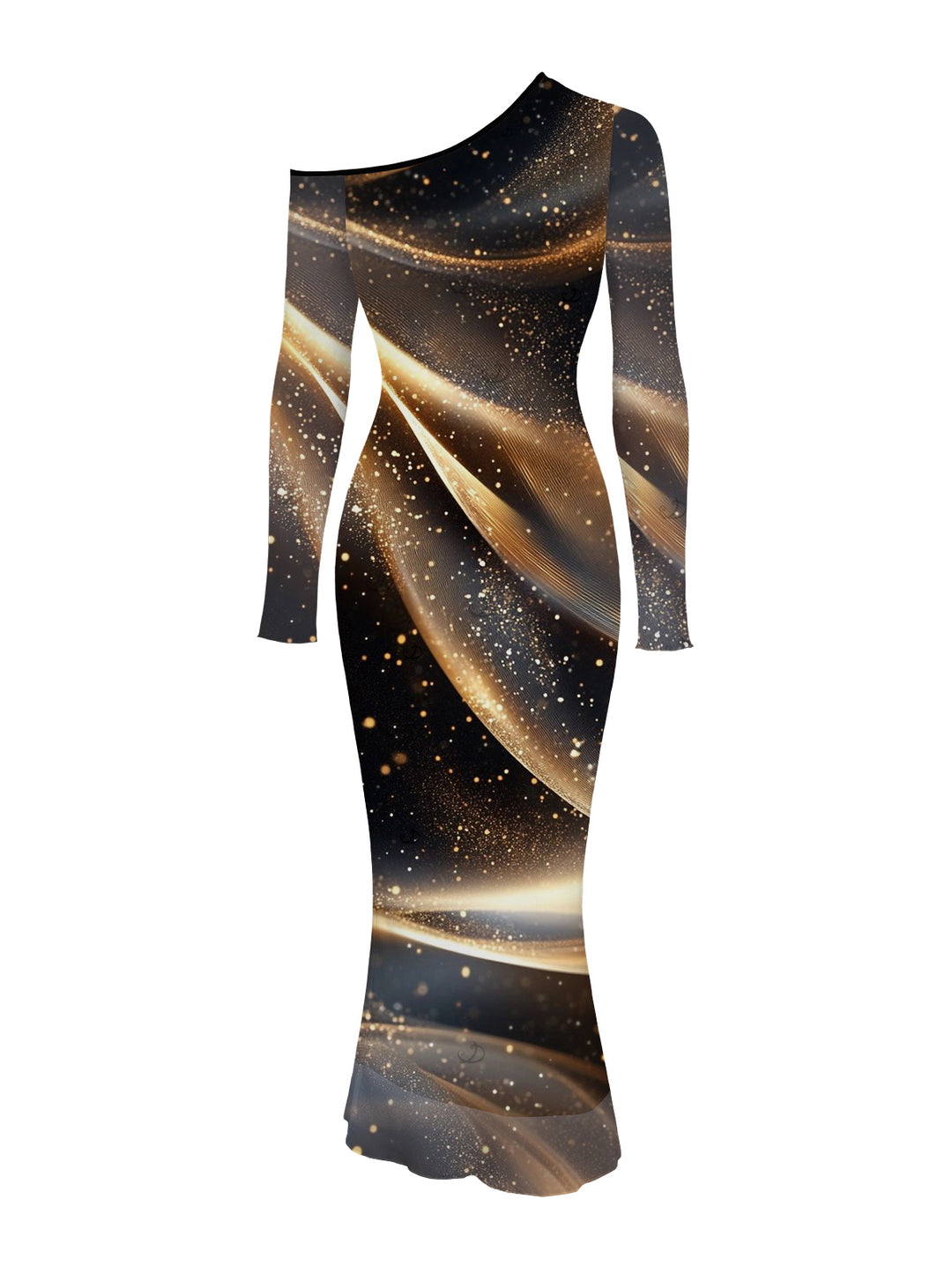 Starry Galaxy Print Mesh Panel Skew Neck Long Sleeve Bodycon Elegant Party Dress