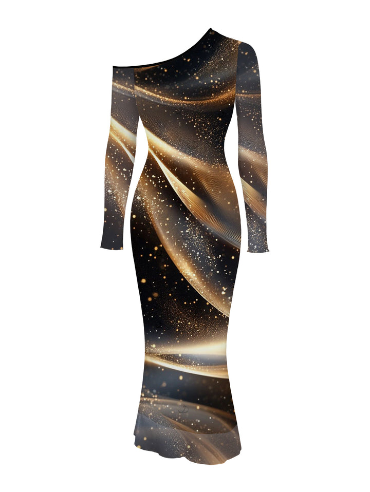 Starry Galaxy Print Mesh Panel Skew Neck Long Sleeve Bodycon Elegant Party Dress