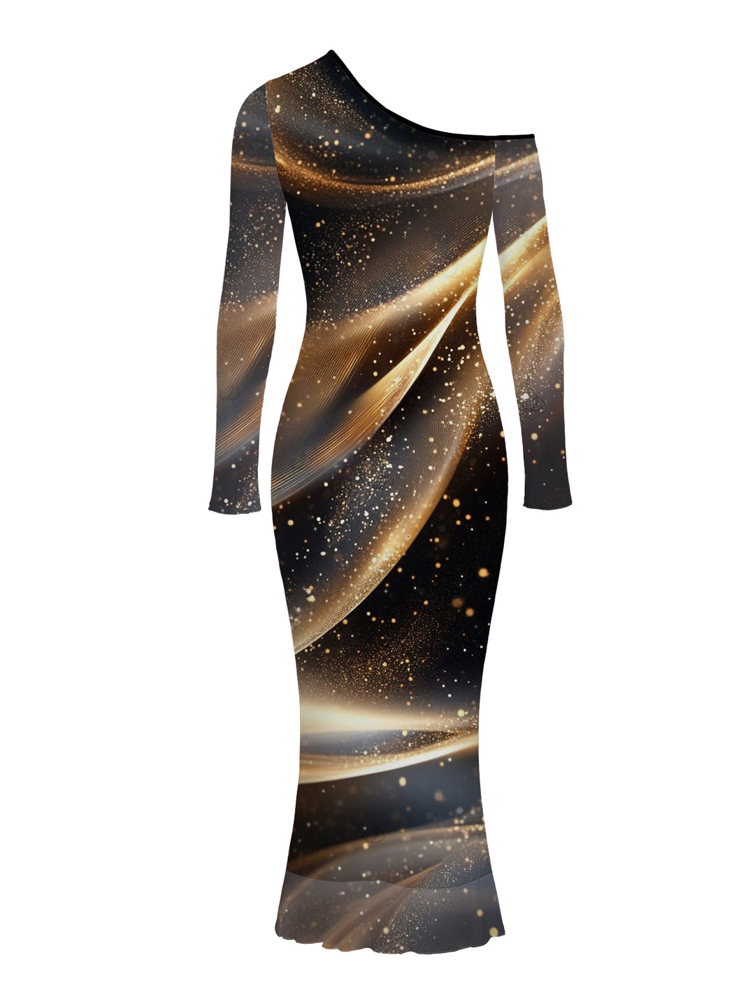 Starry Galaxy Print Mesh Panel Skew Neck Long Sleeve Bodycon Elegant Party Dress