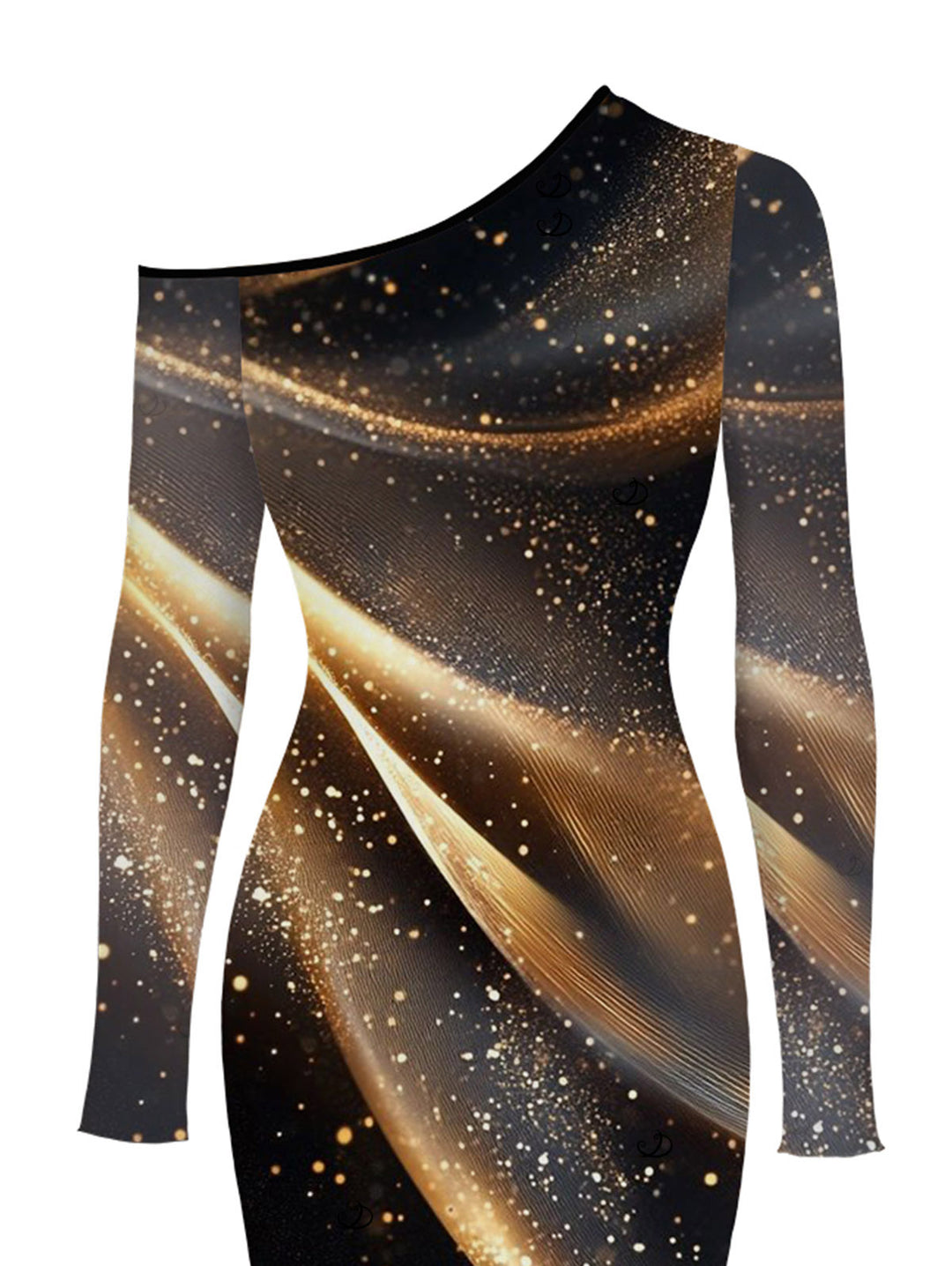 Starry Galaxy Print Mesh Panel Skew Neck Long Sleeve Bodycon Elegant Party Dress