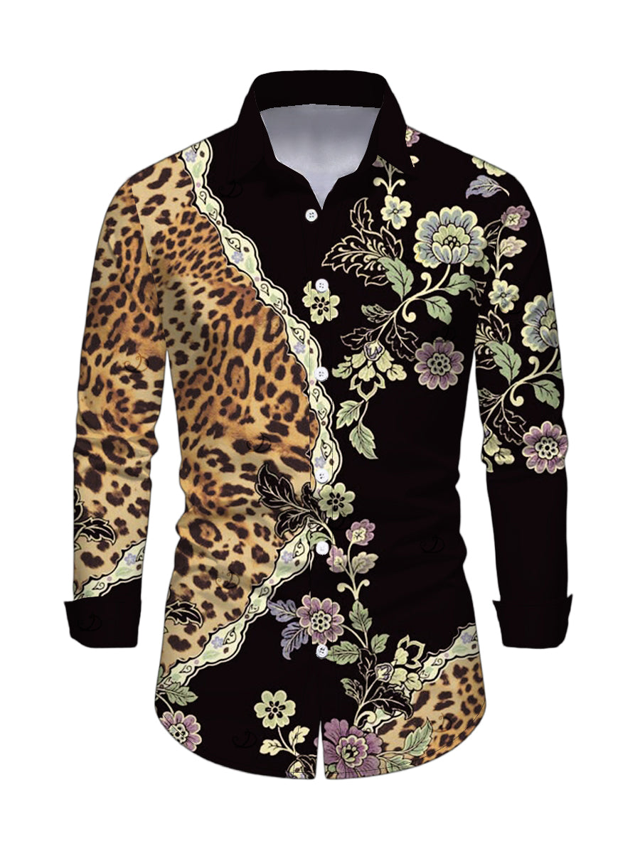 Men's Leopard Floral Leaf Print Button Up Long Sleeve Vintage Shirt