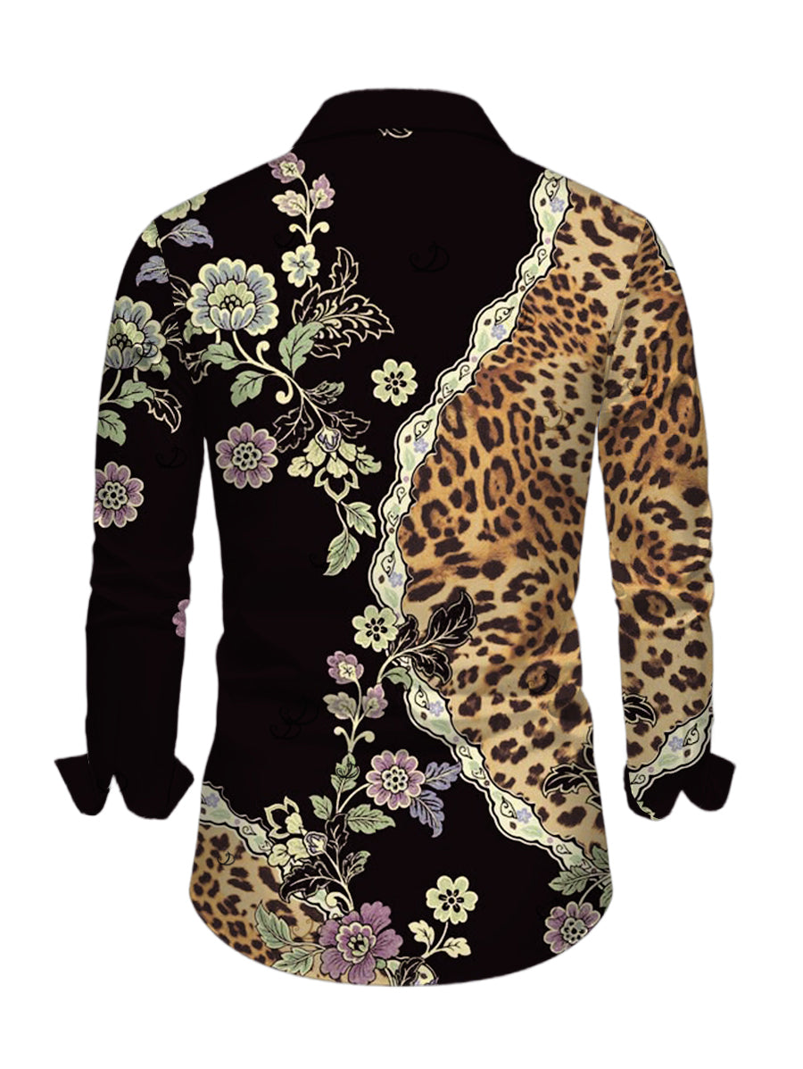 Men's Leopard Floral Leaf Print Button Up Long Sleeve Vintage Shirt