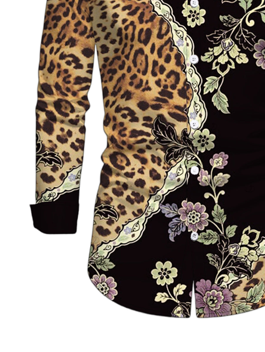 Men's Leopard Floral Leaf Print Button Up Long Sleeve Vintage Shirt