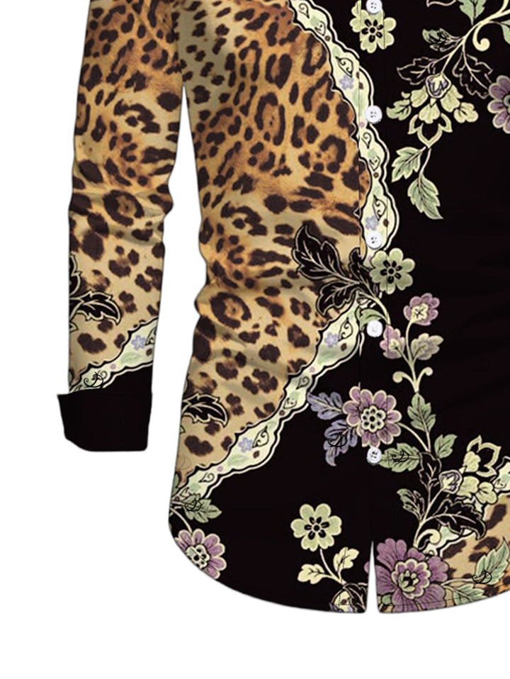 Men's Leopard Floral Leaf Print Button Up Long Sleeve Vintage Shirt