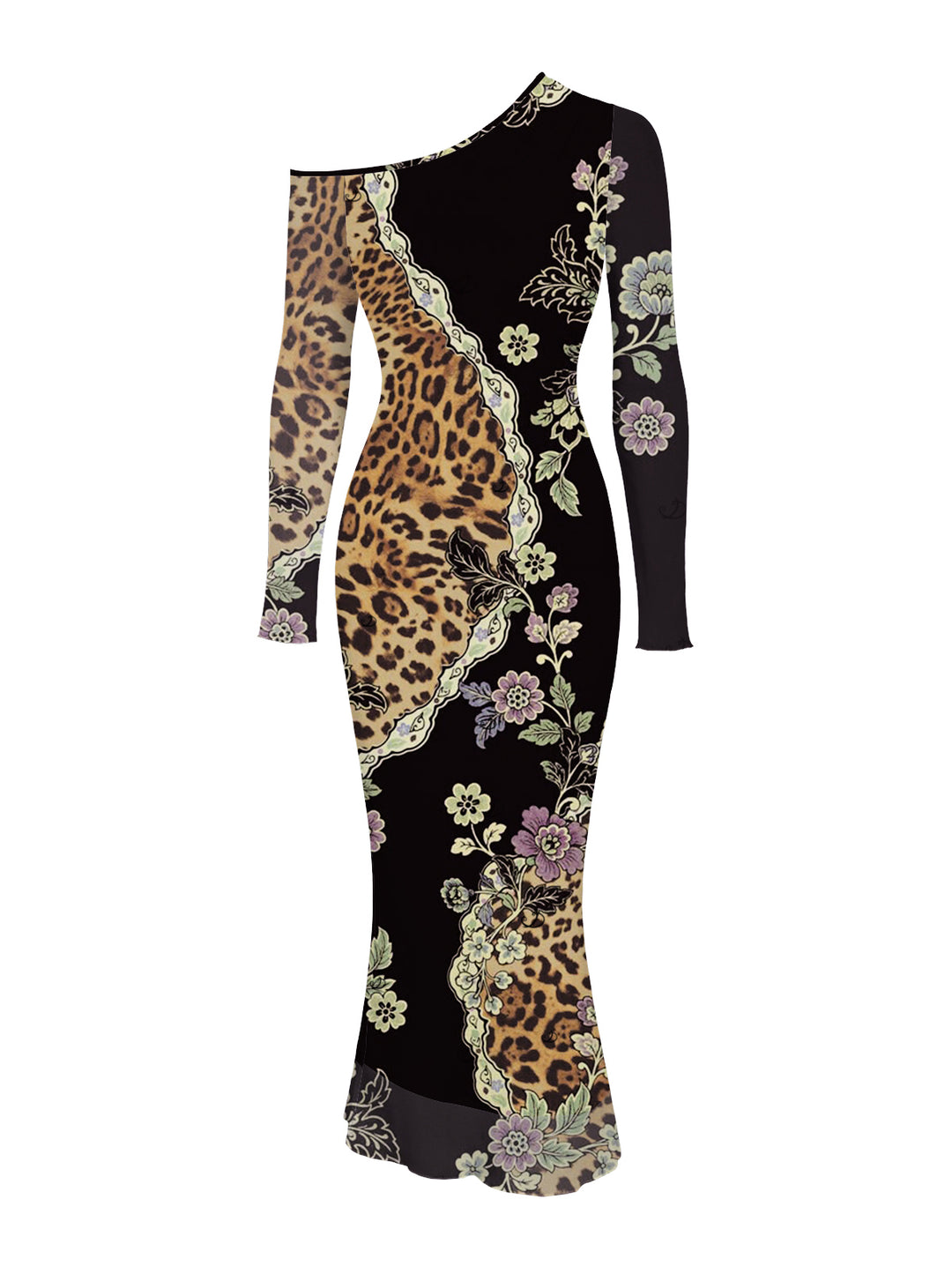 Leopard Floral Leaf Print Mesh Panel Skew Neck Bodycon Vintage Party Dress