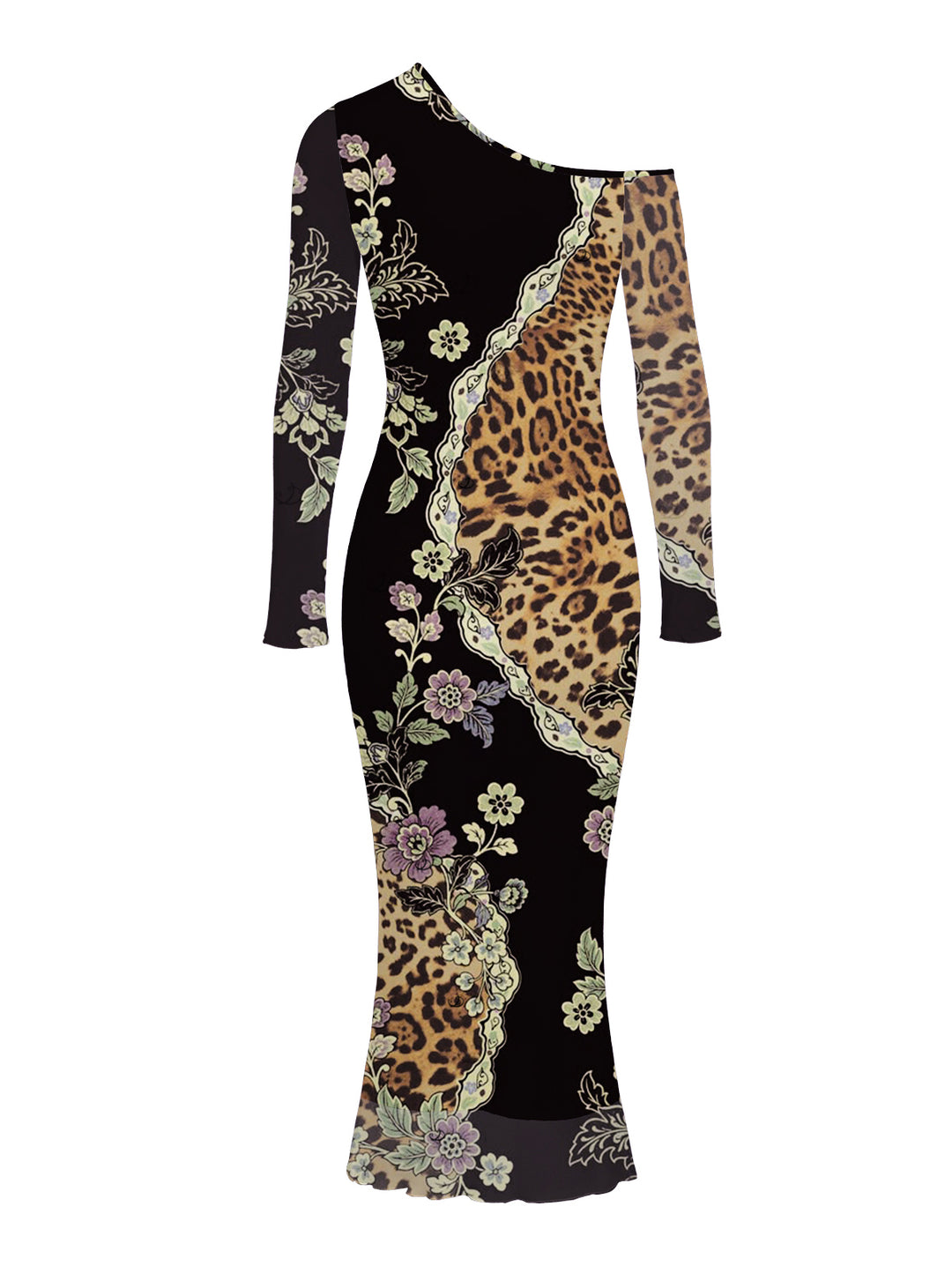 Leopard Floral Leaf Print Mesh Panel Skew Neck Bodycon Vintage Party Dress
