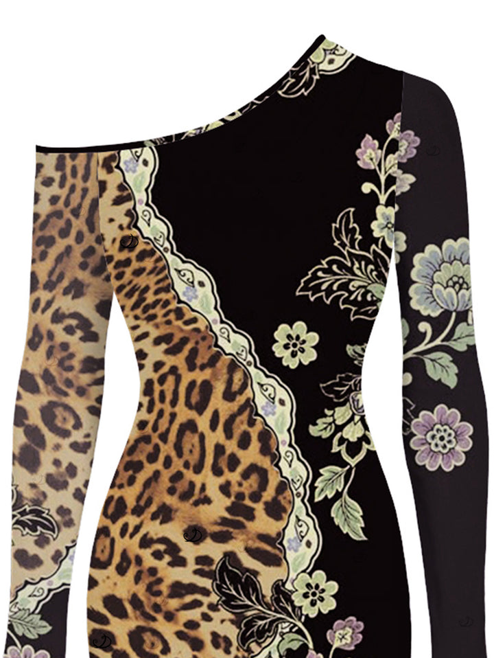 Leopard Floral Leaf Print Mesh Panel Skew Neck Bodycon Vintage Party Dress
