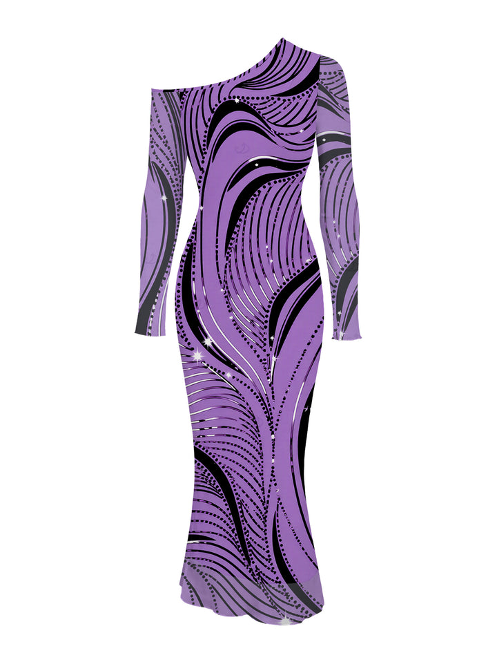 Wave Line Rhinestone Print Mesh Panel Skew Neck Long Sleeve Bodycon Dress