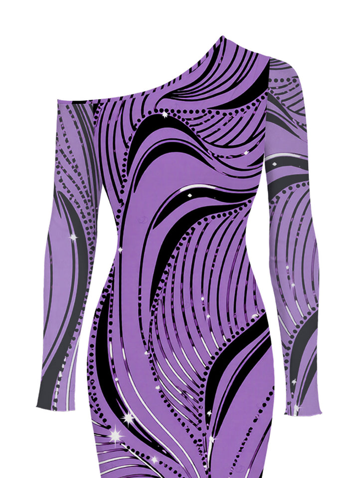 Wave Line Rhinestone Print Mesh Panel Skew Neck Long Sleeve Bodycon Dress