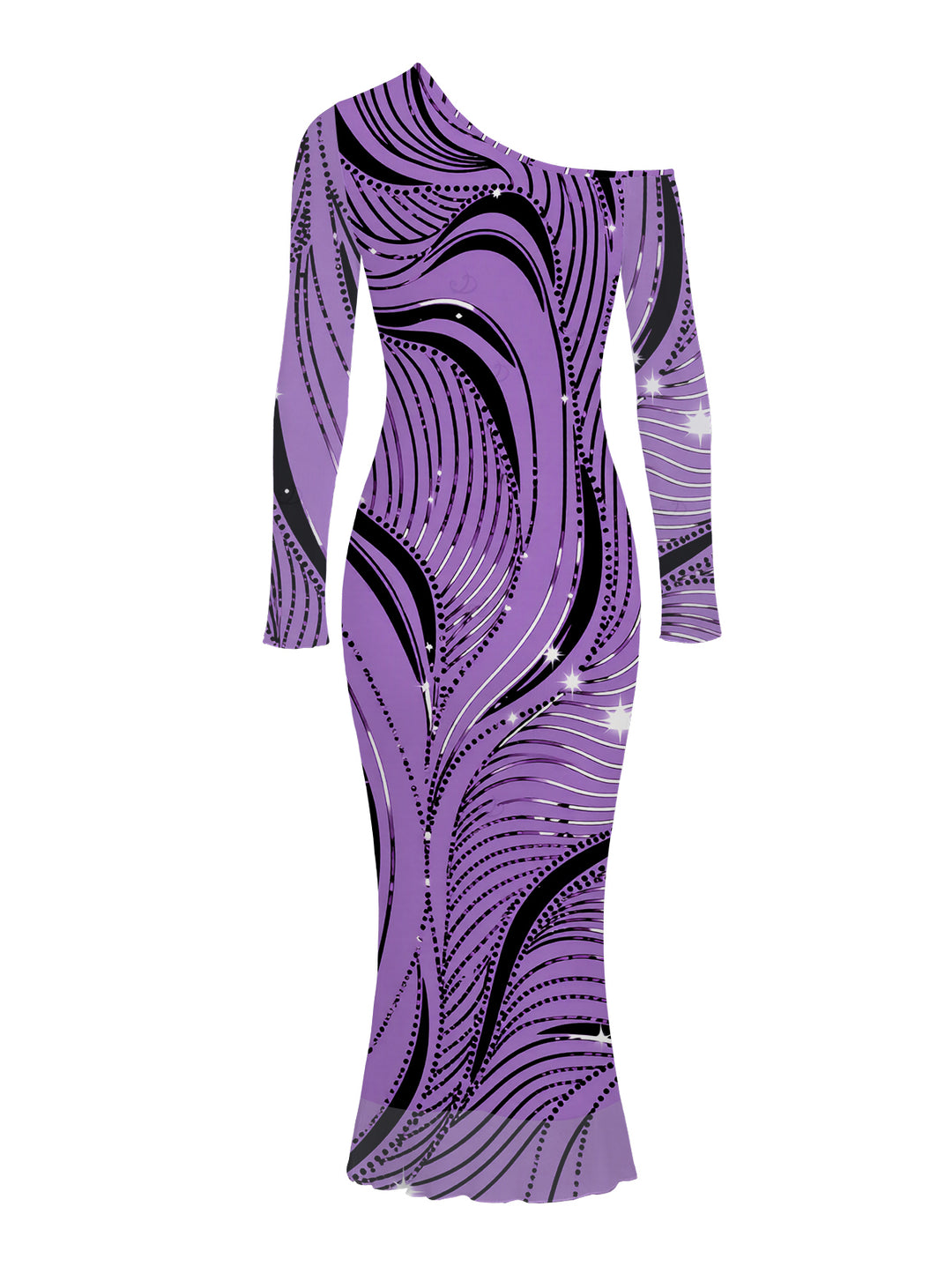 Wave Line Rhinestone Print Mesh Panel Skew Neck Long Sleeve Bodycon Dress