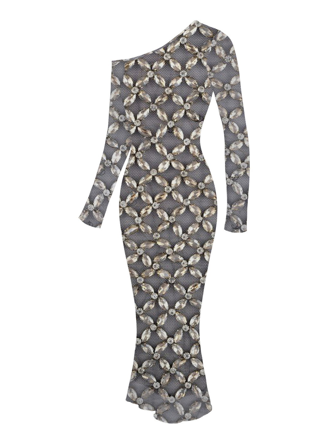 Rhinestone Lattice Print Mesh Panel Skew Neck Bodycon Party Vintage Dress