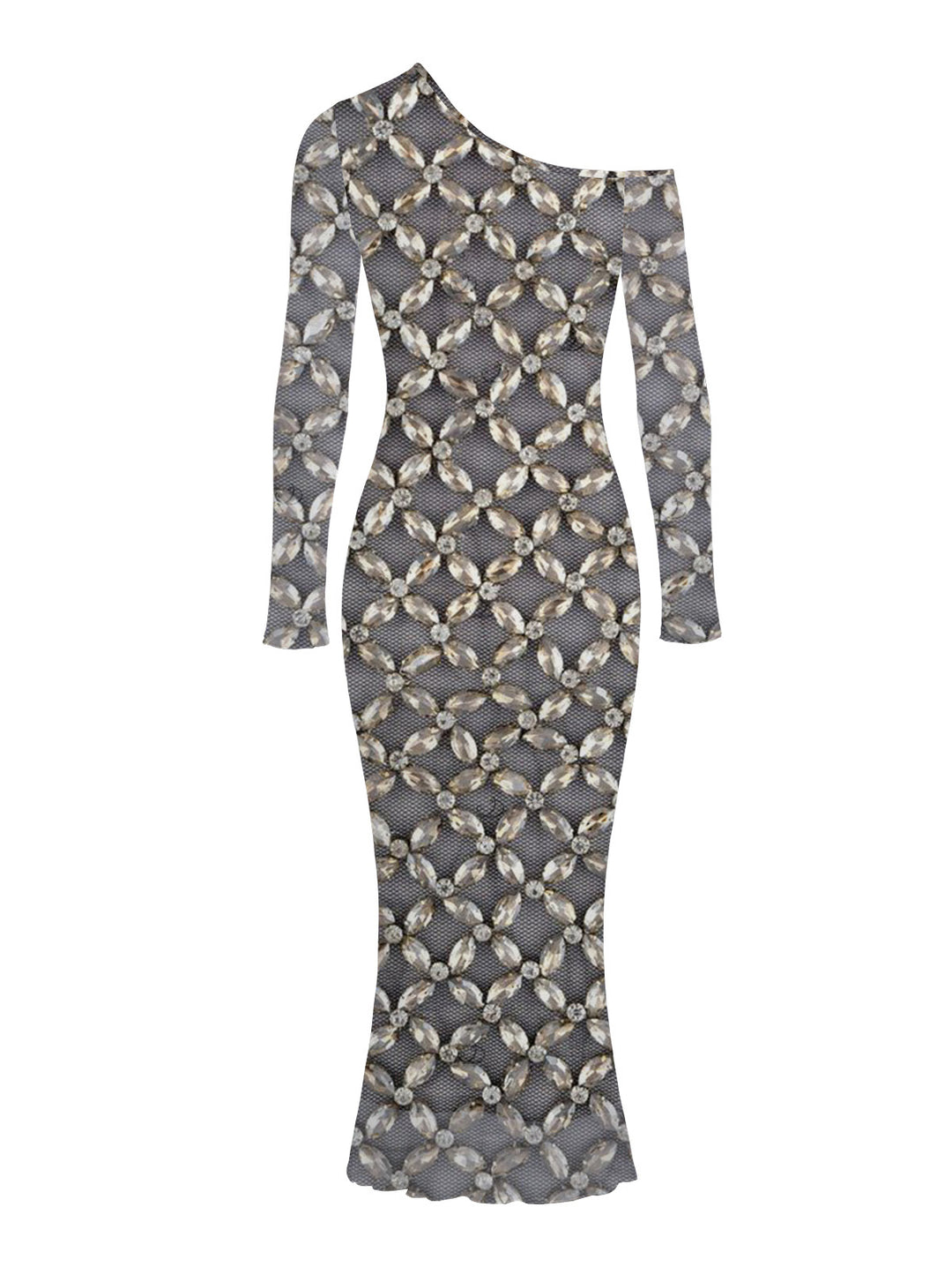 Rhinestone Lattice Print Mesh Panel Skew Neck Bodycon Party Vintage Dress