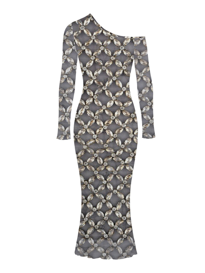 Rhinestone Lattice Print Mesh Panel Skew Neck Bodycon Party Vintage Dress