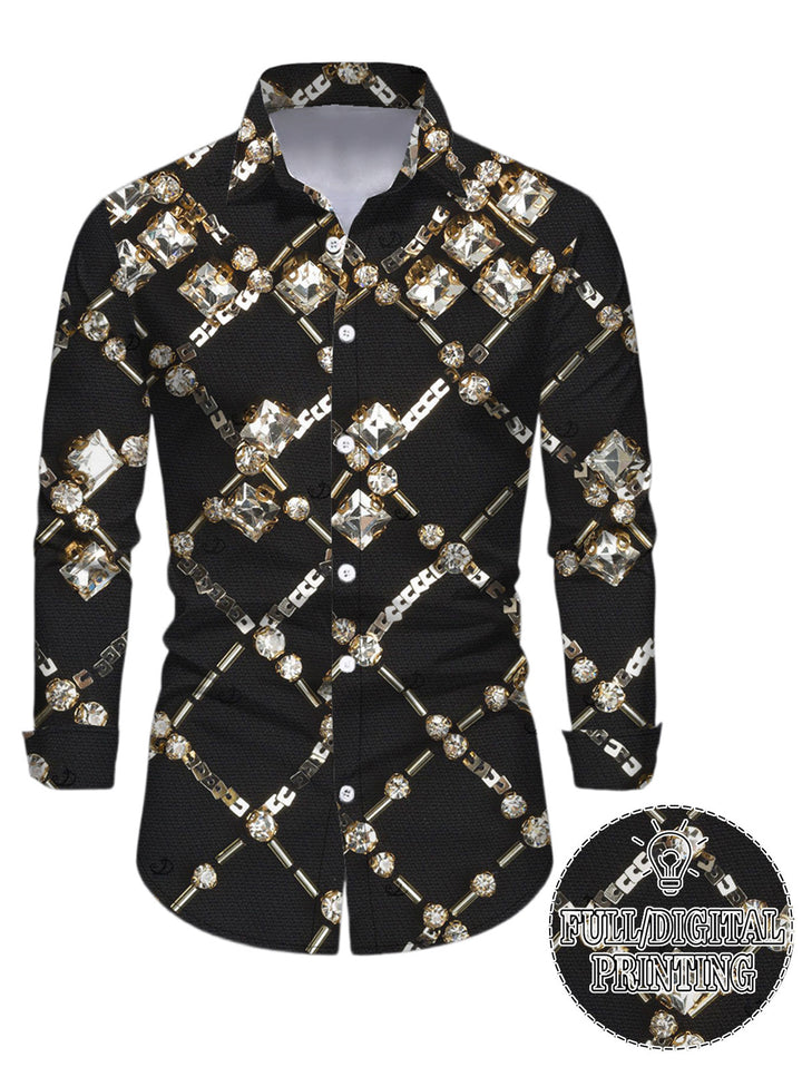 Men's Black Gold Chain Rhinestone Lattice Print Button Up Long Sleeve Vintage Shirt