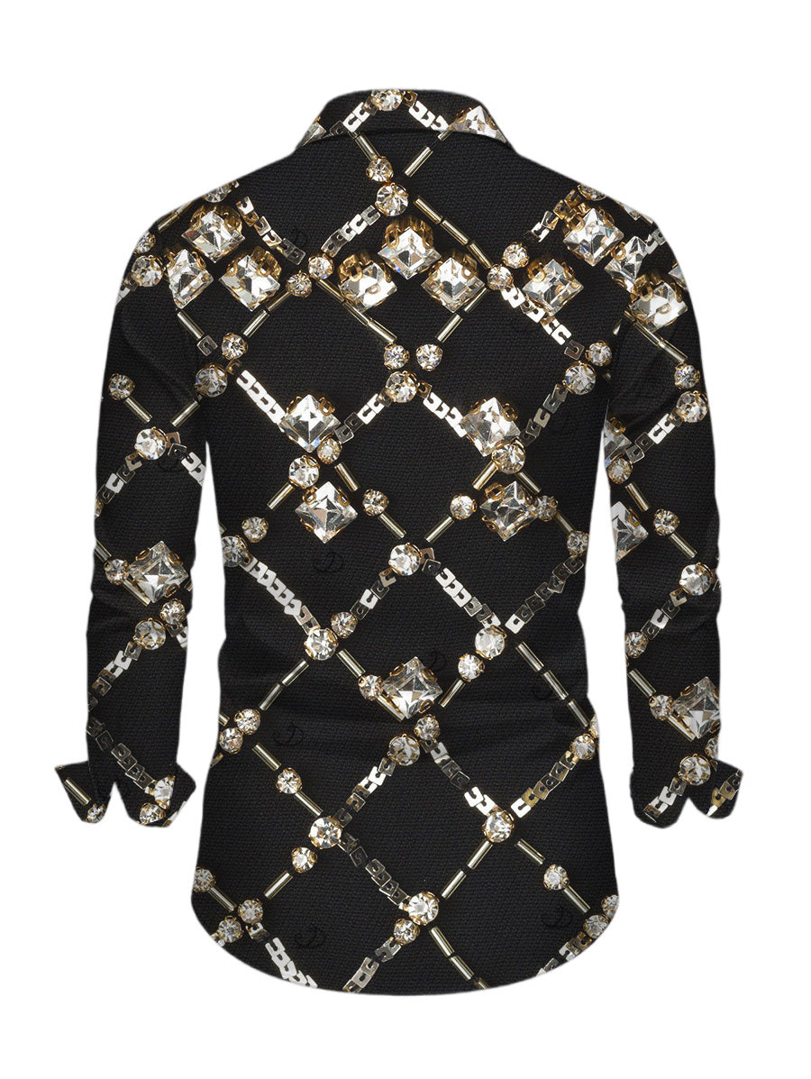 Men's Black Gold Chain Rhinestone Lattice Print Button Up Long Sleeve Vintage Shirt